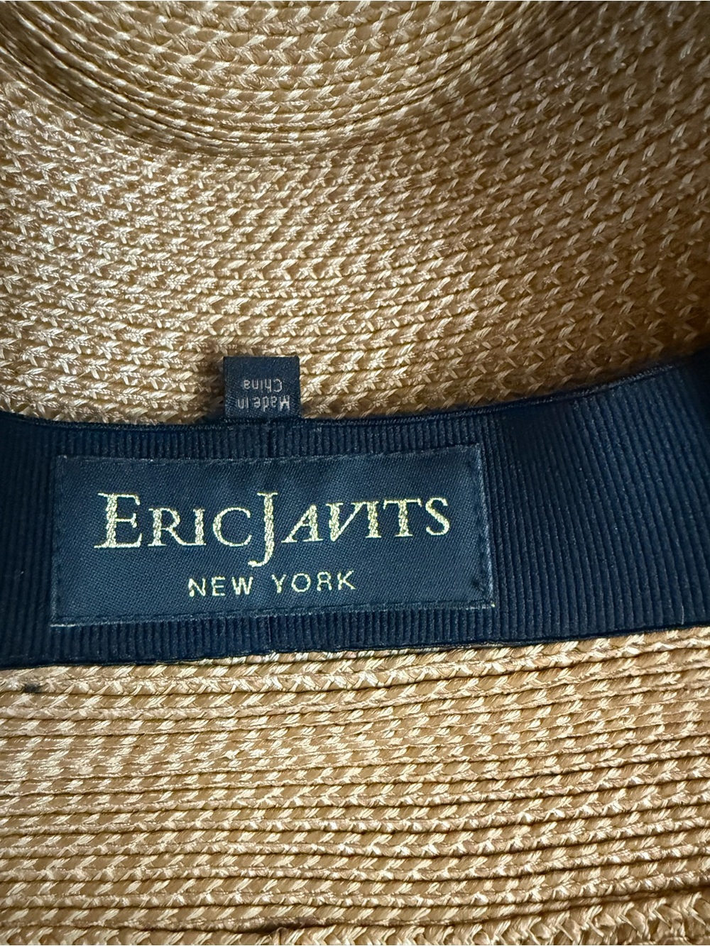 Eric Javits Tan Straw Fedora with Black Band and EJ Logo - Picture 3 of 5